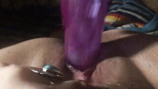 Snatch pounded by 10in sex toy