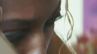 Light skin ebony Girl gets a load of spunk on her juicy lips