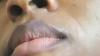 Light skin ebony Girl gets a load of spunk on her juicy lips