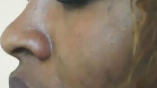 Light skin ebony Girl gets a load of spunk on her juicy lips
