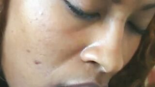 Light skin ebony Girl gets a load of spunk on her juicy lips