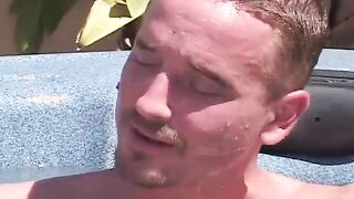 Bombshell Vanilla focuses on blowing penis by the pool