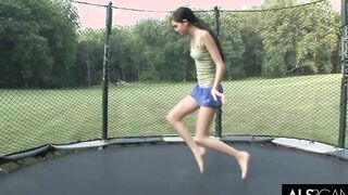 Thin 18 year old Yo Jumps on Trampoline and Masturbates