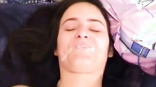 Sensual dark haired spreads her vagina wide and slides a long sex toy into it