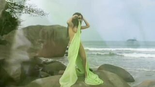 Ravishing dark haired milfs with natural jugs adore threesomes at the beach that include anal sex