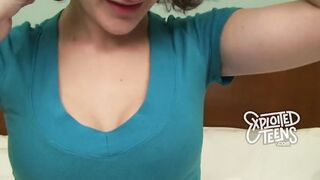 Tall dark haired teens stars into her first deep throat sex tape