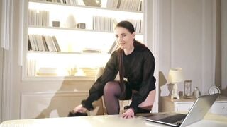 Your Chief: Jeny Smith plays the role of the boss. High heels, tights and mini skirt.