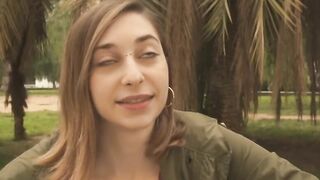She gets pierced by a bbcs into a outdoors bathroom