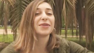 She gets pierced by a bbcs into a outdoors bathroom