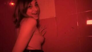 She gets pierced by a bbcs into a outdoors bathroom