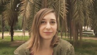 She gets pierced by a bbcs into a outdoors bathroom
