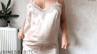 serious business woman inside shiny silk dress and lace lingerie seduces the boss POV - business-bitch