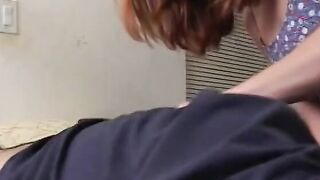 Red fellatio goddess with nice perky jugs riding rough penis into bed