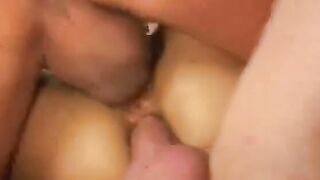 Sexual sexy getting both her holes nailed rough by vulgar studs on bed