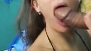Perky little dark hair with a trimmed bush loves sucking off penis and getting nailed