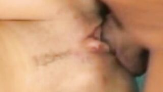 Perky little dark hair with a trimmed bush loves sucking off penis and getting nailed