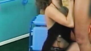 Perky little dark hair with a trimmed bush loves sucking off penis and getting nailed