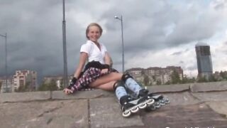 Sweet Sarah kimble roller blade on the part and showing her vagina closeup nude outside
