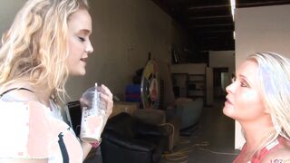 Adorable curly hair blonde lesbo inside solo action and then a older MILF starts licking all her holes