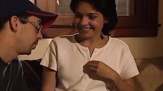 Dark Haired teenie with unshaved vagina gets facial from partner