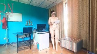 Nudist secretary. Nude employee into the office. Naked bitch is not shy about her boss. Naked