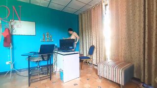 Nudist secretary. Nude employee into the office. Naked bitch is not shy about her boss. Naked