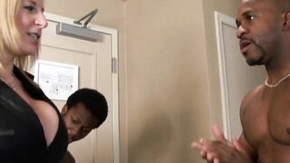 Mom Nymphomaniac Hotel Manager fucks 2 african guys and makes them both cum on her face.