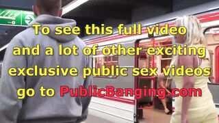 A blonde adorable bimbos with huge boobies is having sex inside a subway, with two of her friends with huge dicks, with a deep oral fellatio group sex party, rough vaginal penetration inside her tight pussy, and all while rides a subway train where everyb