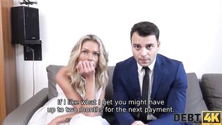 DEBT4k Debt collector fucks the bride inside white dress and tights