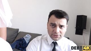 DEBT4k Debt collector fucks the bride inside white dress and tights