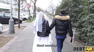 DEBT4k Debt collector fucks the bride inside white dress and tights