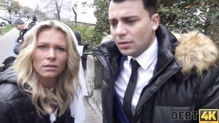 DEBT4k Debt collector fucks the bride inside white dress and tights