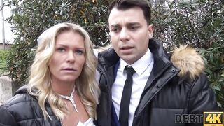 DEBT4k Debt collector fucks the bride inside white dress and tights