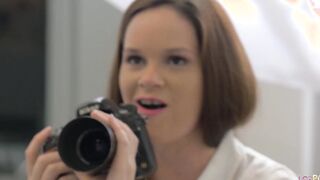 Adorable teen getting vulgar for the camera and involve the camerawoman inside their dyke three-way