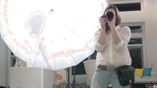 Adorable teen getting vulgar for the camera and involve the camerawoman inside their dyke three-way