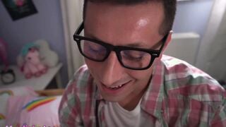 DEVIANTE - 19yr mature tattoo barely legal Hot with tiny jugs and little bushy bush and plump twat fucks her geeks BF inside her bedroom having an orgasm ride on his dick and giving him a nice head until he jizzes over her incredible face