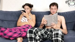 Step Brother Secretly Jerking Off Close To Step Sister But She Caught Him! they CUM at THE SAME TIME