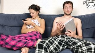 Step Brother Secretly Jerking Off Close To Step Sister But She Caught Him! they CUM at THE SAME TIME