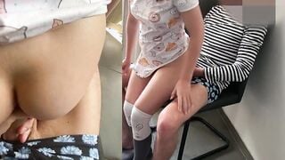 Twin StepSisters pissing on the floor and banged into booty inside dad kitchen