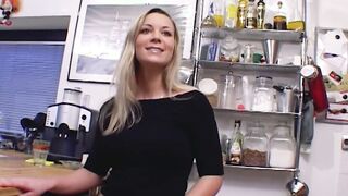 Outstanding German mom with long tits dildoing her bald muff into the kitchen
