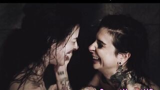Tattooed les cougar eaten out inside the shower