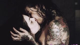 Tattooed les cougar eaten out inside the shower