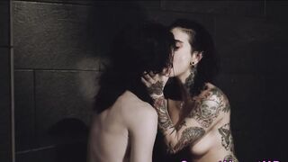 Tattooed les cougar eaten out inside the shower