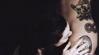 Tattooed les cougar eaten out inside the shower