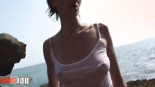 Anal fucked at the beach with the crazy hot French cougar Estelle Clark