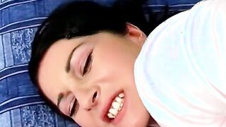 Sexual dark haired plays with her twat then stud comes to pounded her booty inside bed