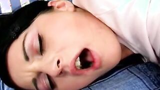 Sexual dark haired plays with her twat then stud comes to pounded her booty inside bed