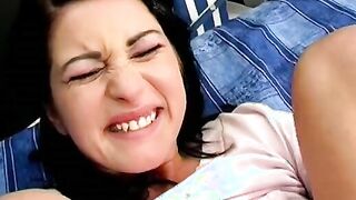 Sexual dark haired plays with her twat then stud comes to pounded her booty inside bed