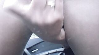Skinny German 18 year old with small jugs dildoing her bald cunt inside the vehicle