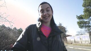 Outside Agent - Young Spanish dark haired with tiny natural boobs seduced inside outdoor inside sucking off a thick dick for money and allowing her bald vagina to be penetrated